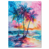 Rainbow Palm Trees by Ocean Sunset Watercolor Painting with Vibrant Sky and Tropical Coastal Beach Scenery on Ready to Hang 1.5" Thick Canvas Wrap, Floating Framed Canvas, Flat Rolled Canvas